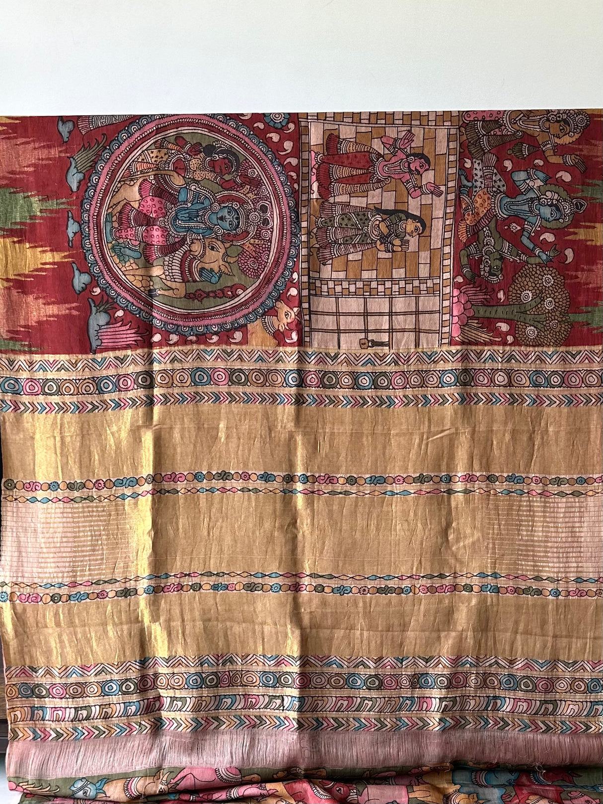 Krishna Leela Theme Pure Kanjivaram Silk Kalamkari Saree - red