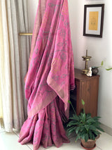 Pink Floral Pure Munga Silk Bandhani Saree