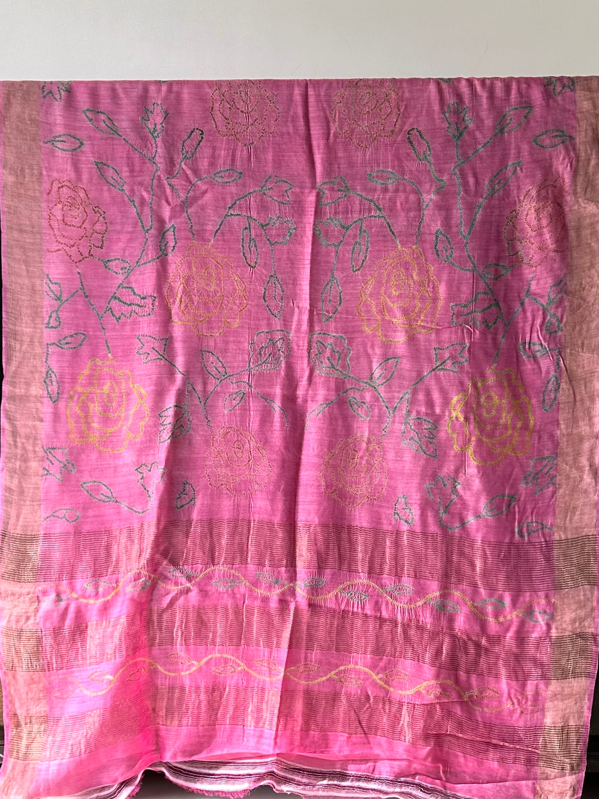 Pink Floral Pure Munga Silk Bandhani Saree