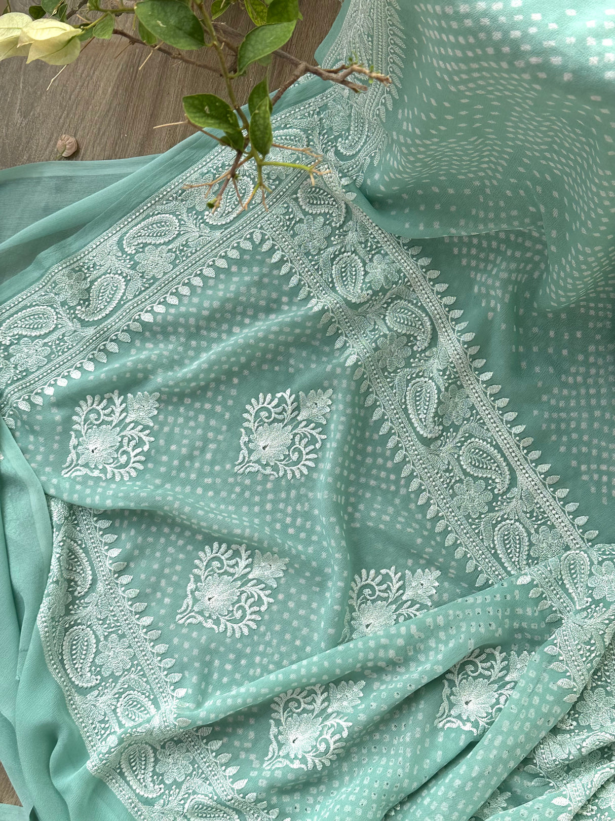 Light Sea Green Pure Banarsee Georgette Bandhani Saree with Machine Embroidery