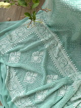 Light Sea Green Pure Banarsee Georgette Bandhani Saree with Machine Embroidery