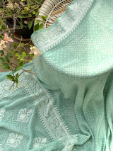 Light Sea Green Pure Banarsee Georgette Bandhani Saree with Machine Embroidery