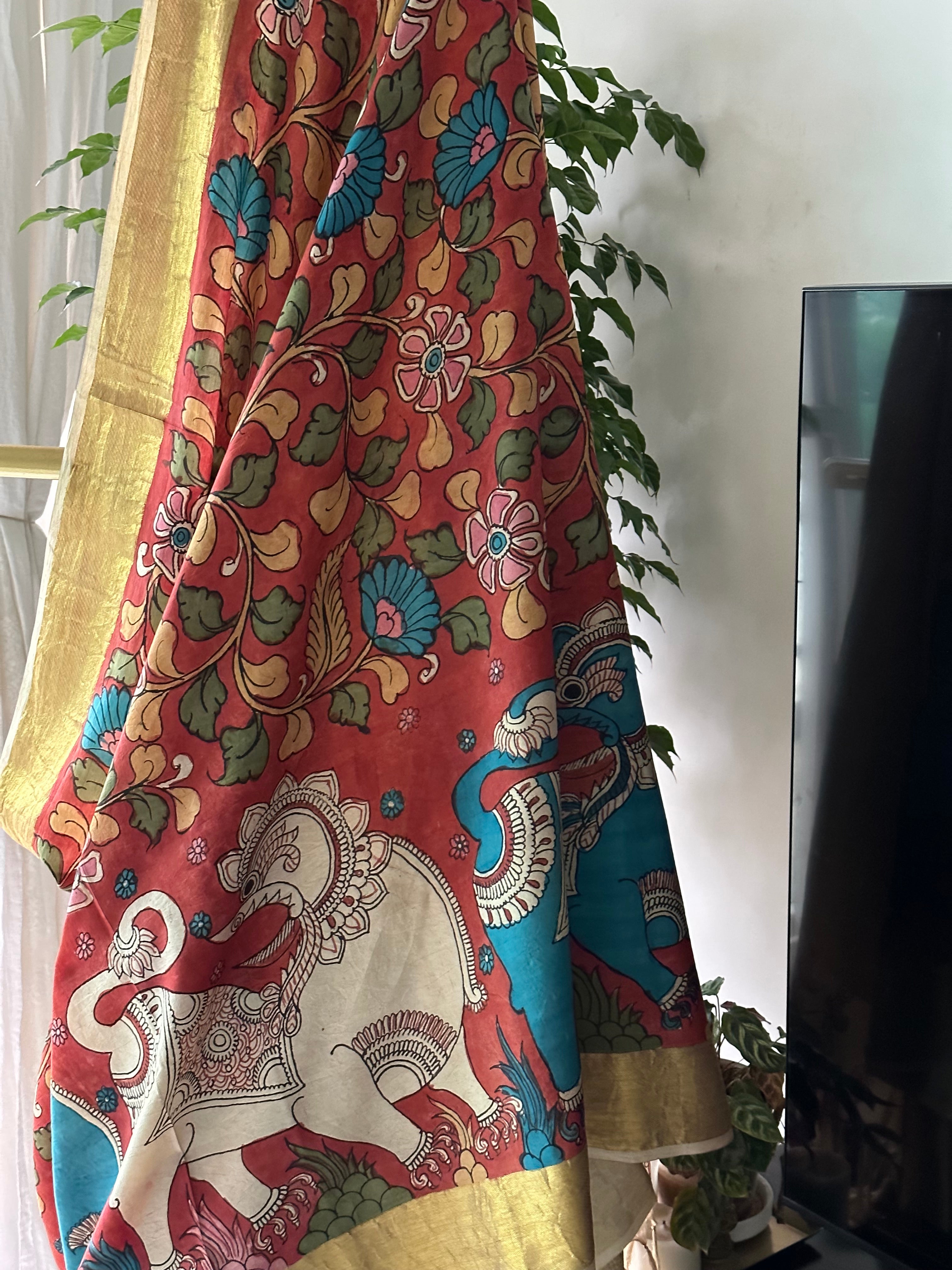 Geru Colour Base Yali Theme Pure Silk Kanchipattu Kalamkari Saree