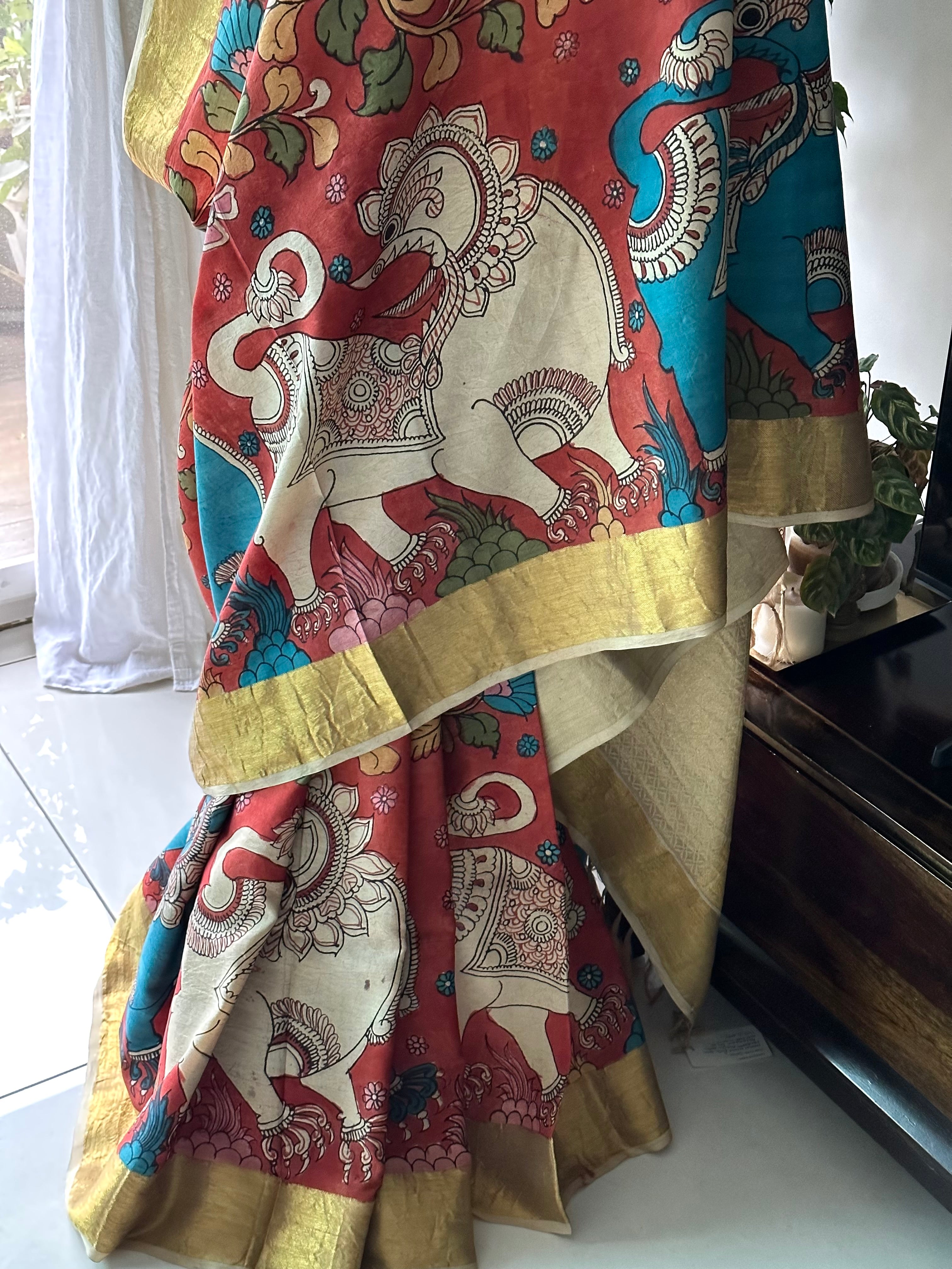 Geru Colour Base Yali Theme Pure Silk Kanchipattu Kalamkari Saree