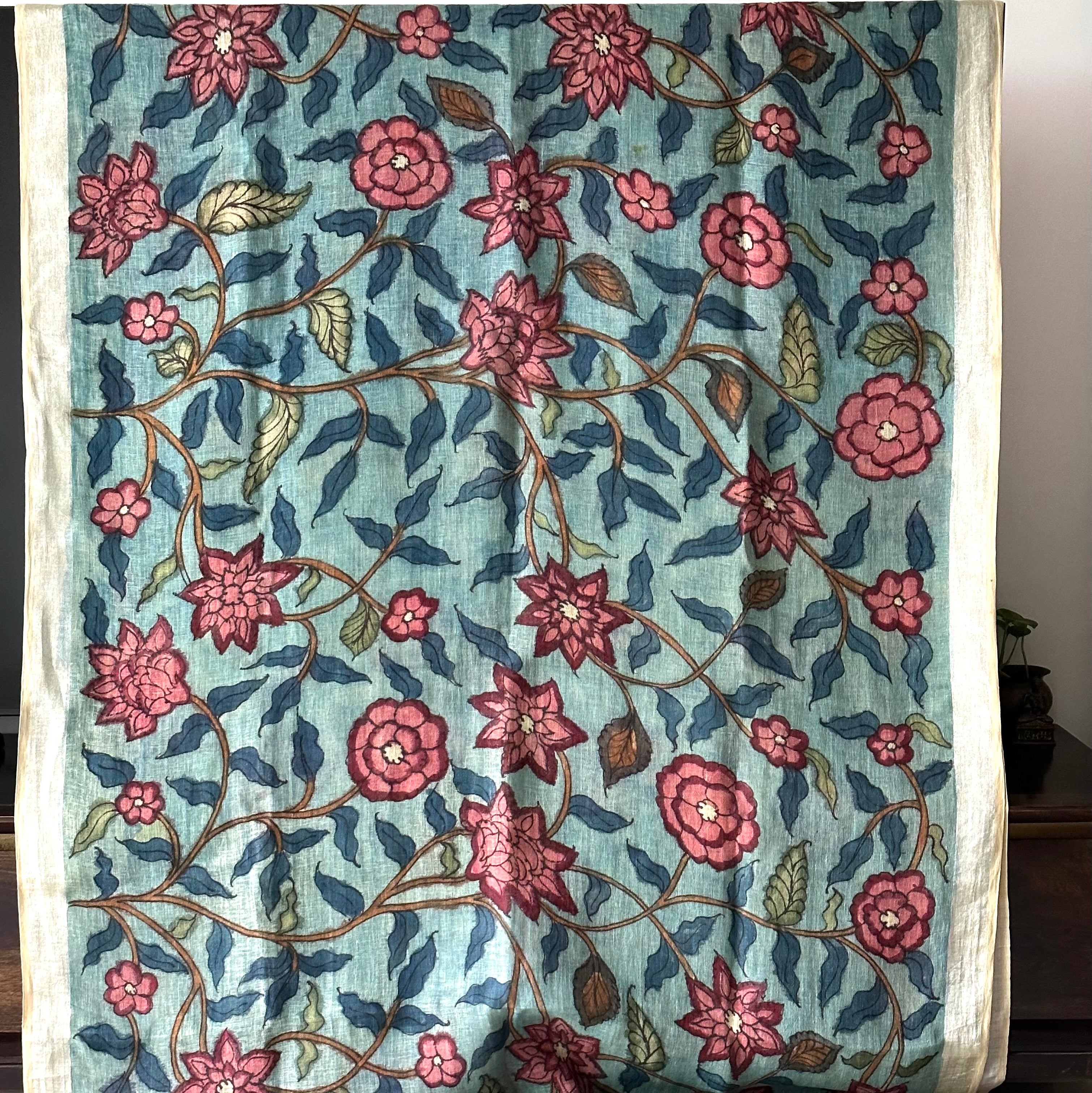 Blue Floral Handloom Linen Kalamkari Saree