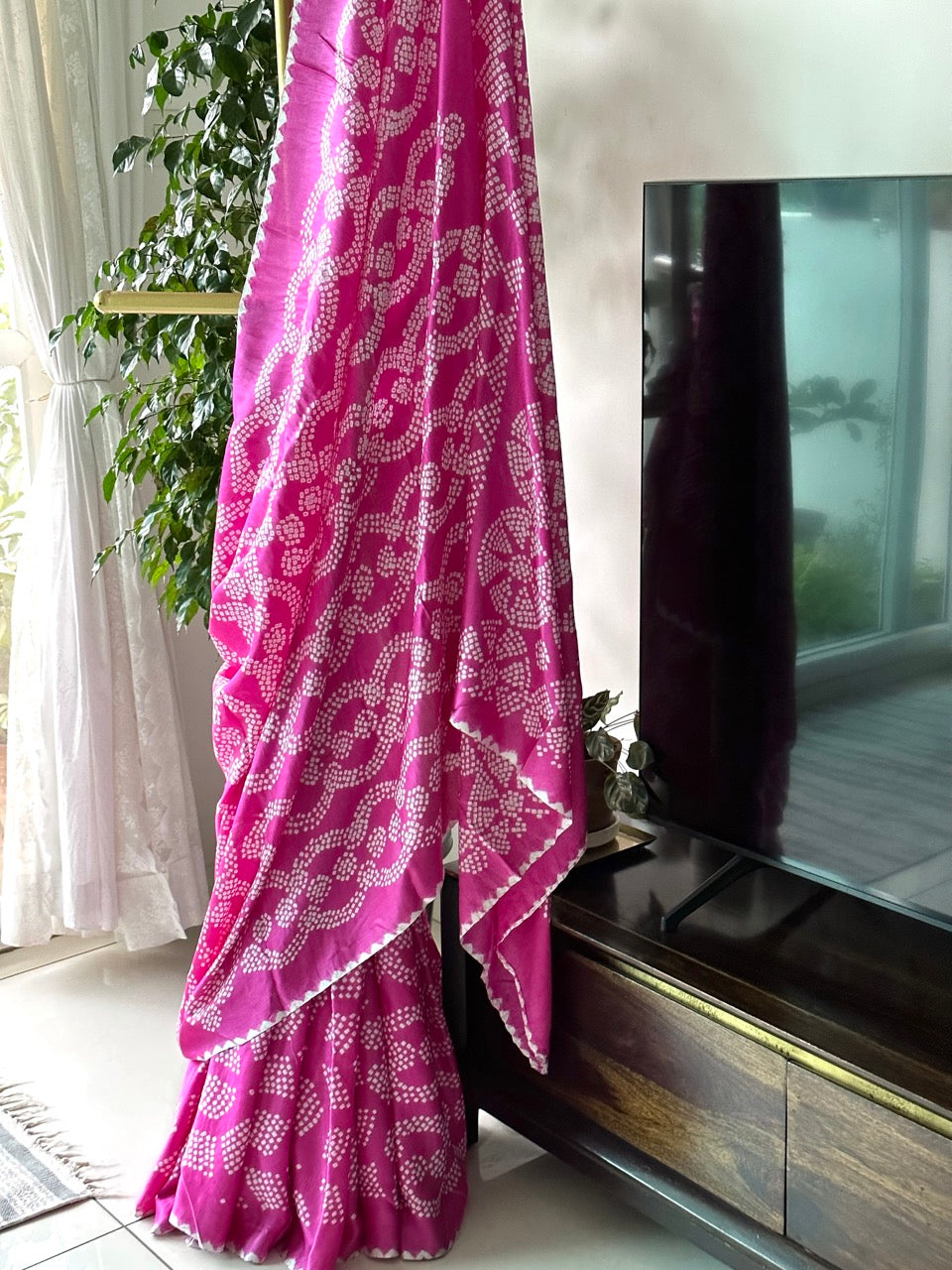 Pink Pure Gajji Silk Bandhani Saree