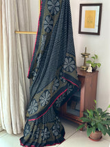 Black Floral Pure Gajji Silk Bandhani Saree