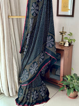 Black Floral Pure Gajji Silk Bandhani Saree