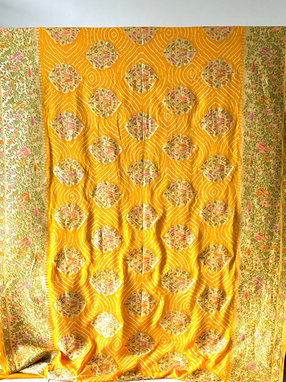 Mango Yellow Floral Handloom Pure Banarsi Georgette Bandhani Saree