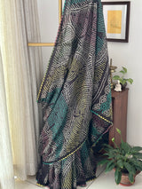 Black Floral Pure Munga Silk Bandhani Saree