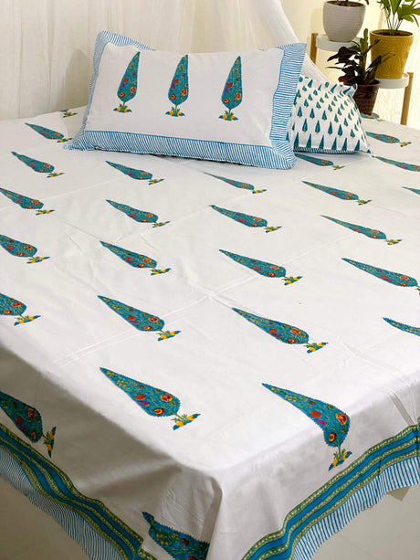 Indian Jaipuri block print blue cypress blossom fitted bedsheet