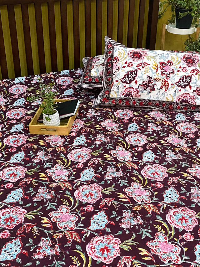 King size hand block printed cotton bedsheet in flat and fitted elastic styles