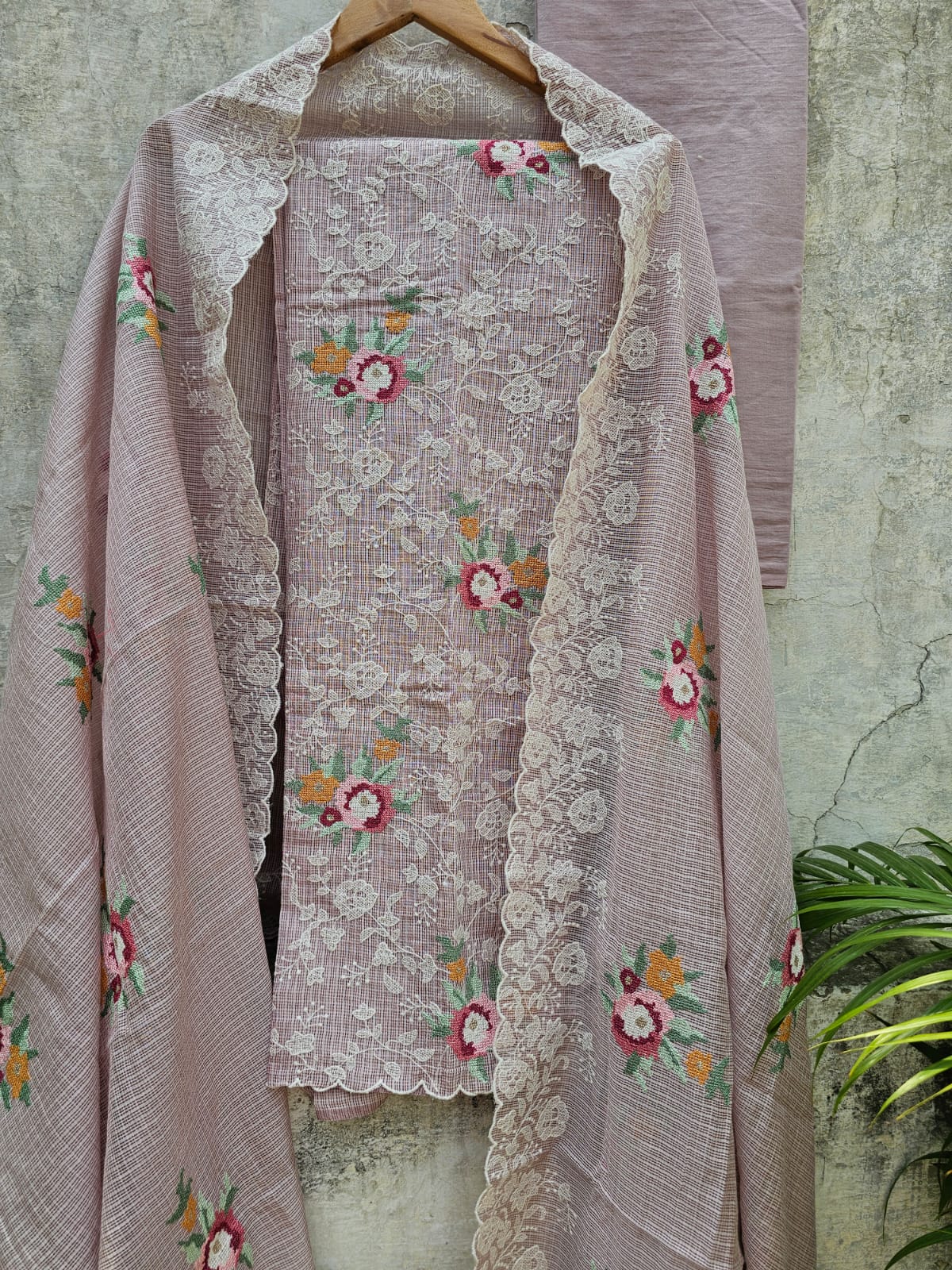 Kota Cotton Cross Stitch Inspired Embroidered Unstitched Suit set - Onion shade