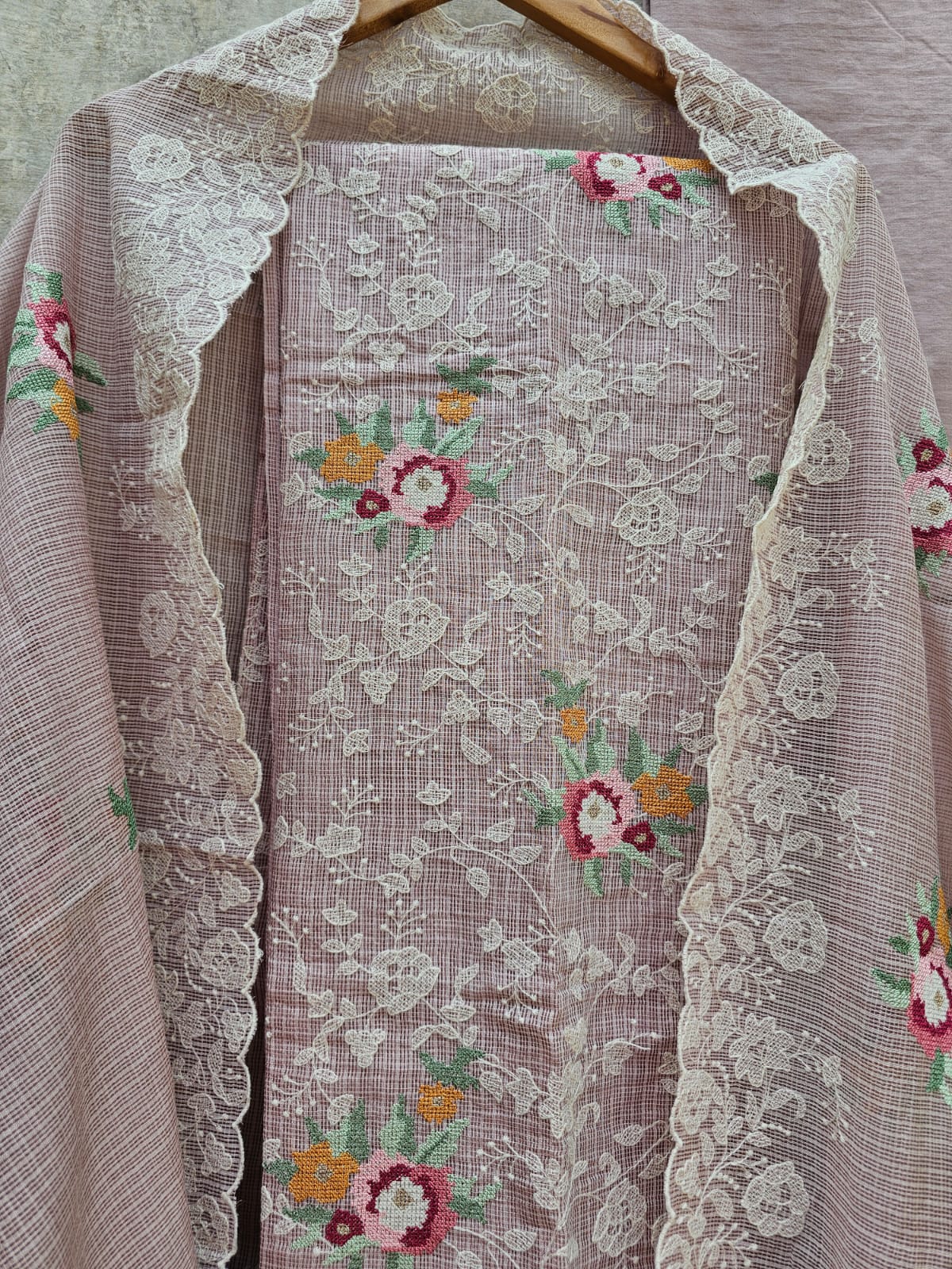 Kota Cotton Cross Stitch Inspired Embroidered Unstitched Suit set - Onion shade