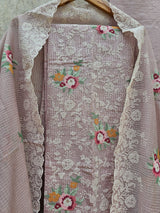Kota Cotton Cross Stitch Inspired Embroidered Unstitched Suit set - Onion shade
