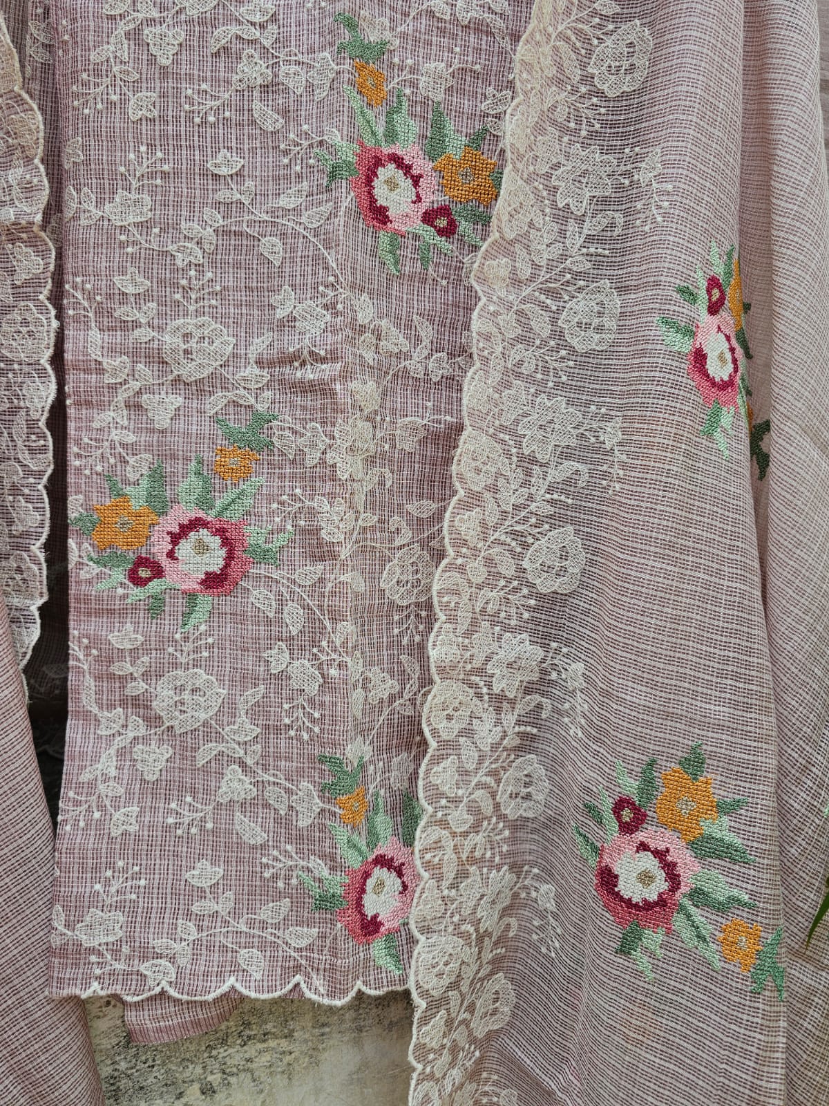 Kota Cotton Cross Stitch Inspired Embroidered Unstitched Suit set - Onion shade