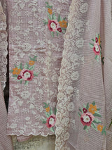 Kota Cotton Cross Stitch Inspired Embroidered Unstitched Suit set - Onion shade