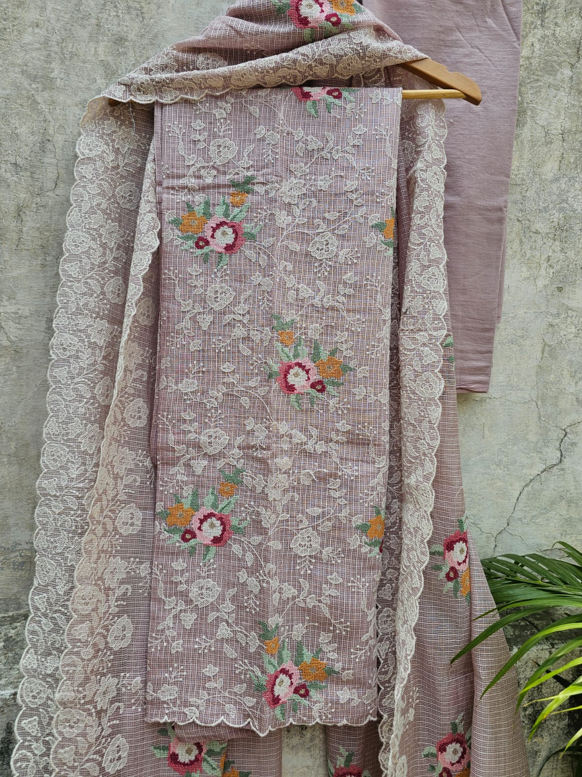 Kota Cotton Cross Stitch Inspired Embroidered Unstitched Suit set - Onion shade