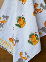 Soft Cotton Lion & Giraffe Towel – Handblock Printed, Perfect Newborn Gifting