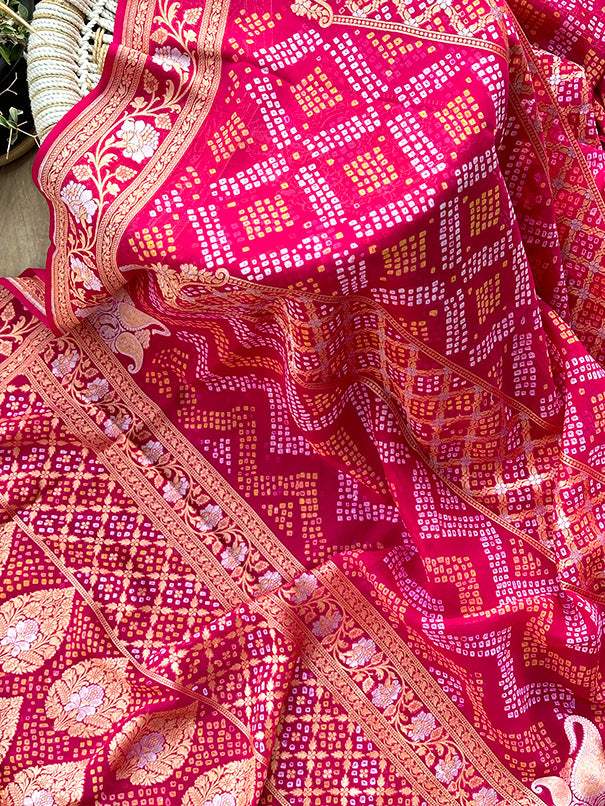 Magenta Pure Banarasi Gerogette Bandhani Saree