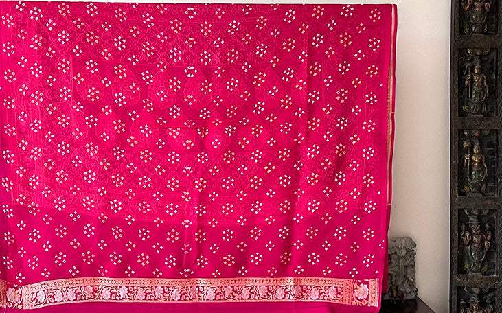 Magenta Pure Banarasi Gerogette Bandhani Saree