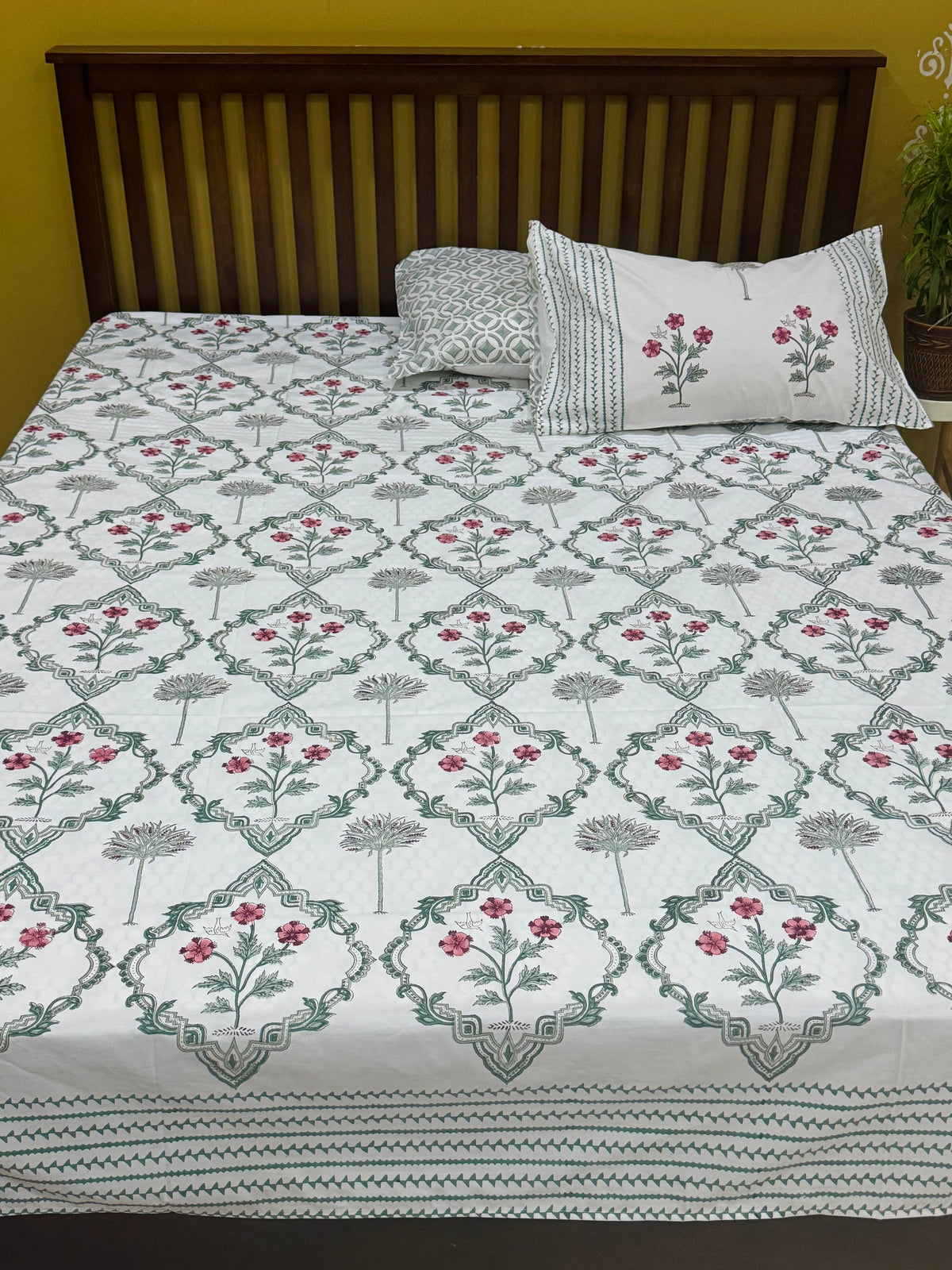 Mughal floral motif hand block printed cotton bedsheet