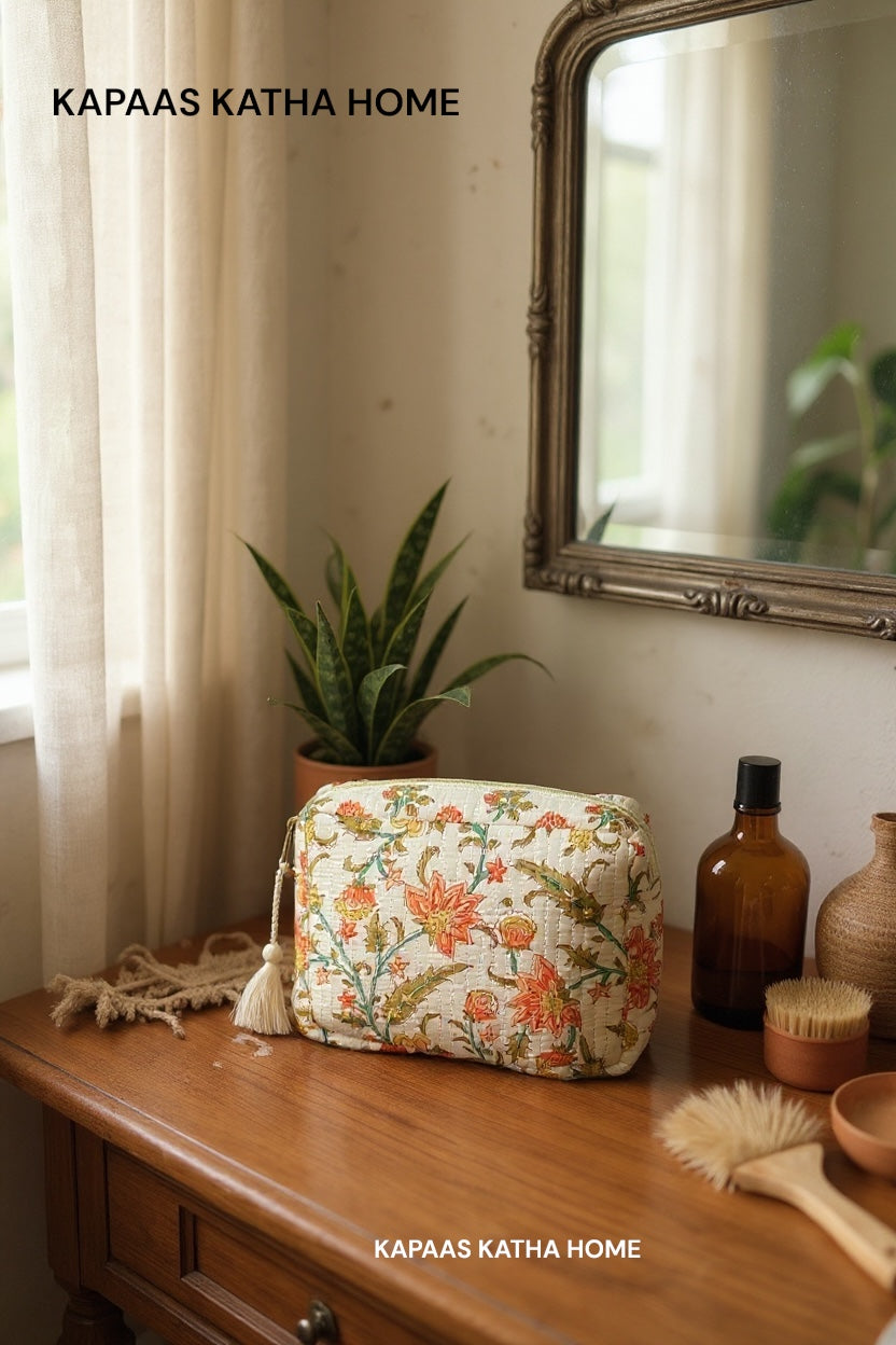 Amber Petal Hand-Block Cotton Quilted Utility Pouch