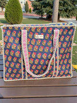 Classic Navy Blue Floral Block Print Handcrafted Tote Bag (with Zip Closure)
