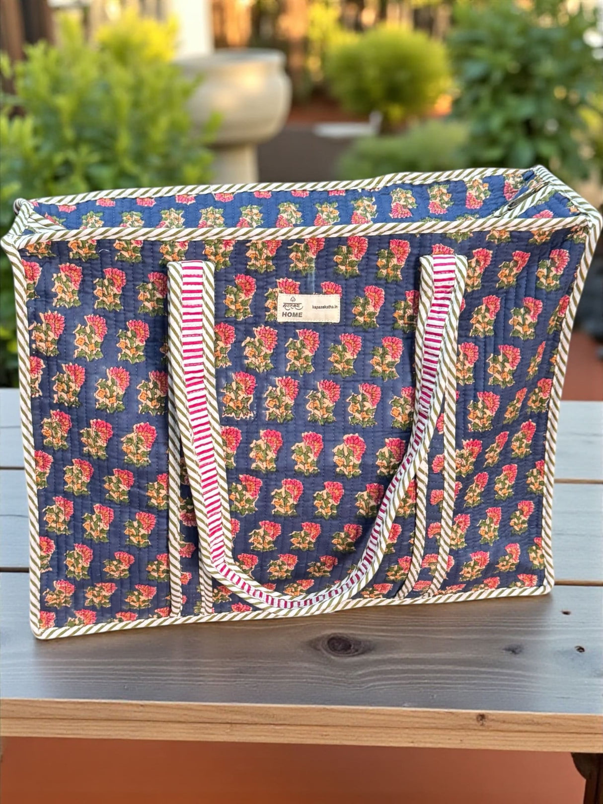 Classic Navy Blue Floral Block Print Handcrafted Tote Bag (with Zip Closure)