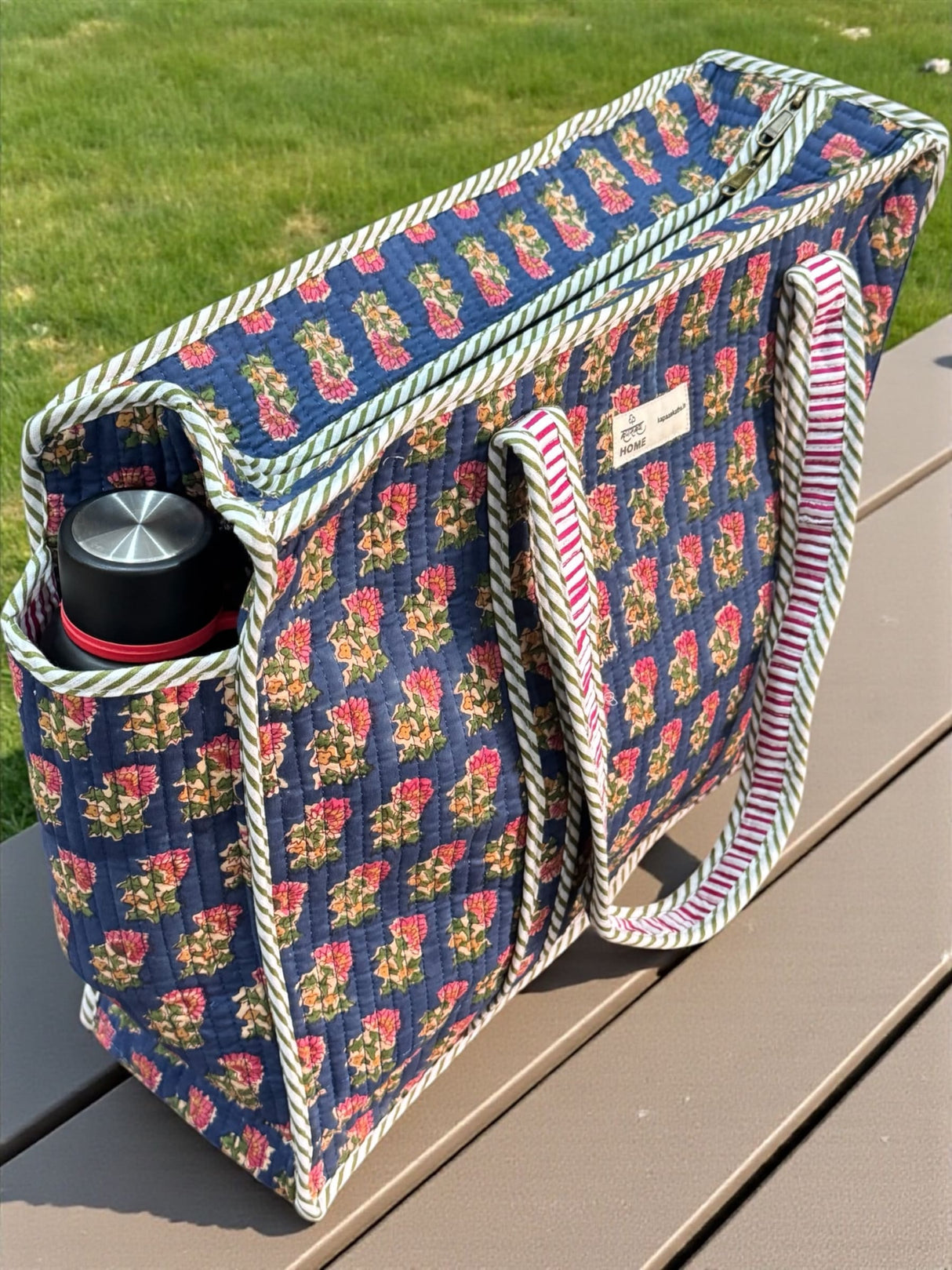 Classic Navy Blue Floral Block Print Handcrafted Tote Bag (with Zip Closure)