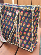 Classic Navy Blue Floral Block Print Handcrafted Tote Bag (with Zip Closure)