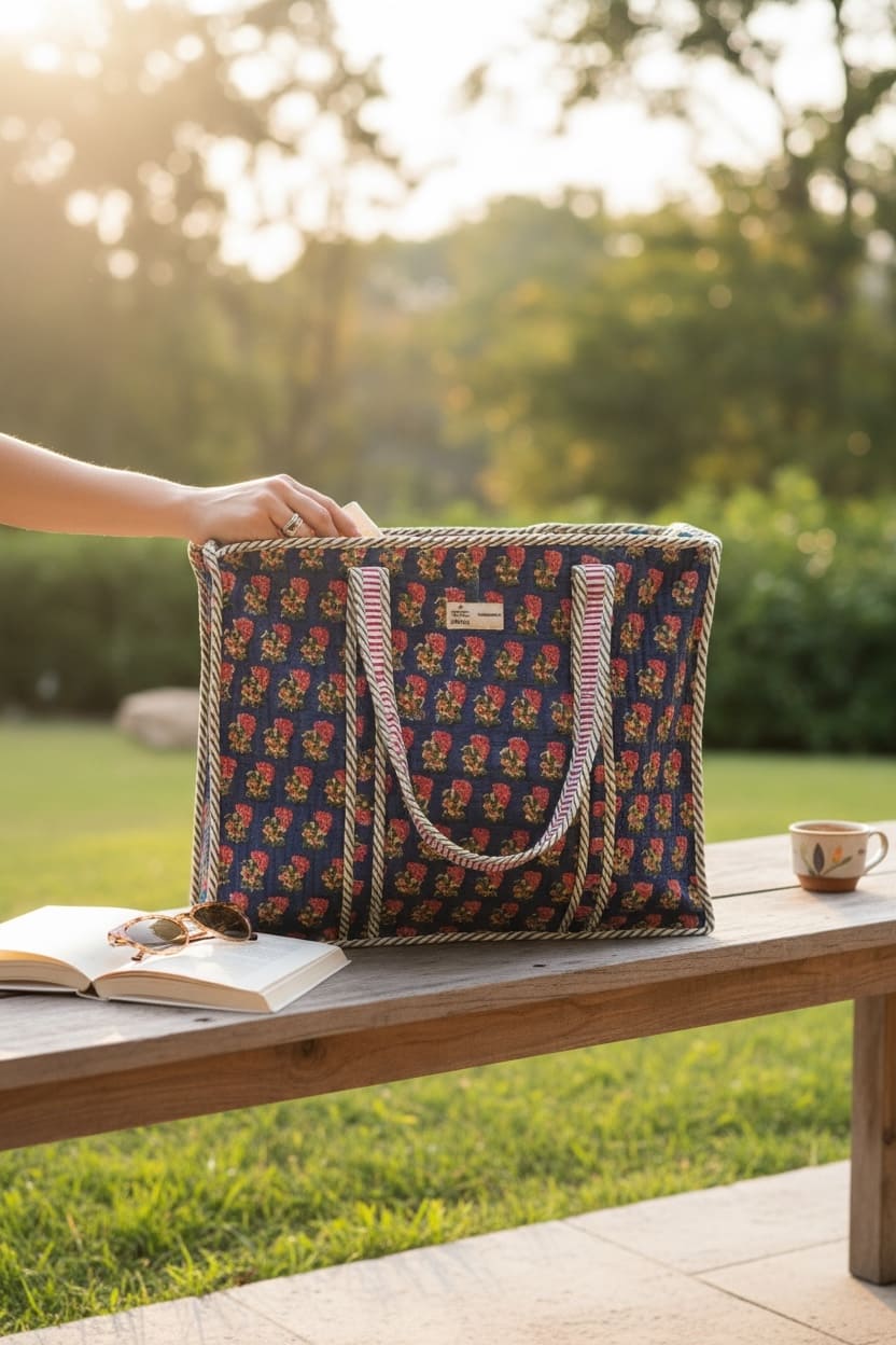 Classic Navy Blue Floral Block Print Handcrafted Tote Bag (with Zip Closure)