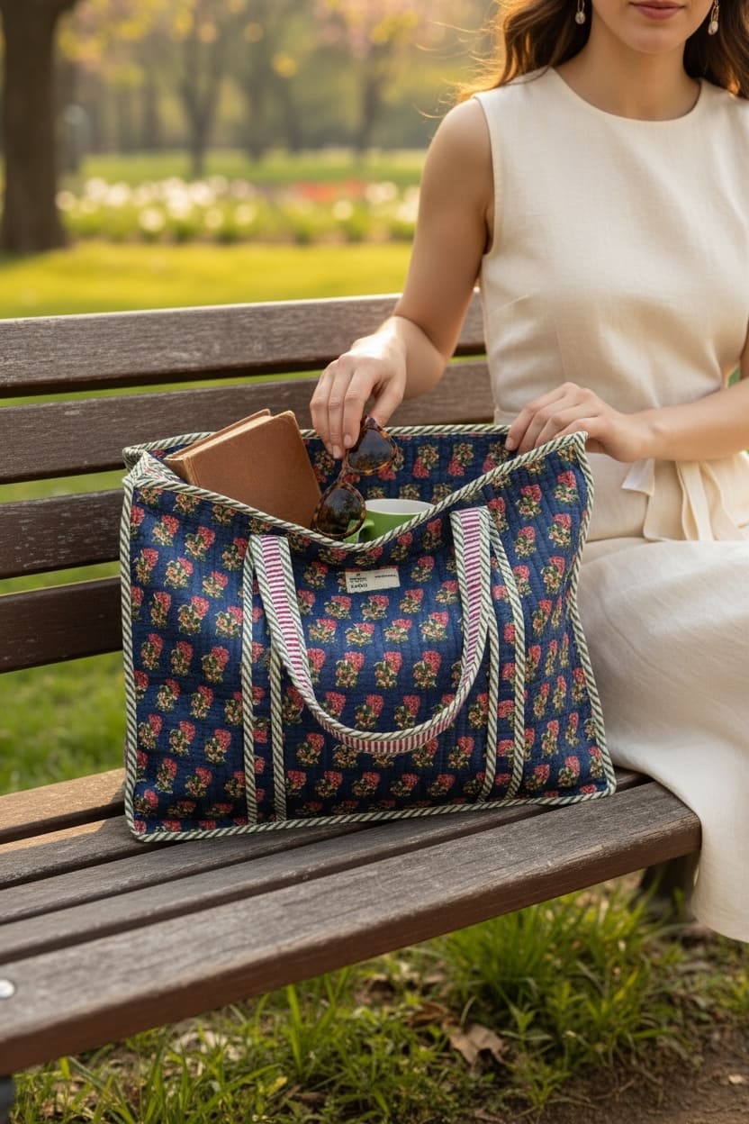 Classic Navy Blue Floral Block Print Handcrafted Tote Bag (with Zip Closure)