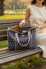 Classic Navy Blue Floral Block Print Handcrafted Tote Bag (with Zip Closure)