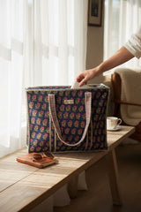 Classic Navy Blue Floral Block Print Handcrafted Tote Bag (with Zip Closure)