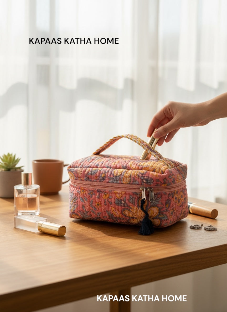 Everyday Use Cotton Handcrafted Multipurpose Toiletry Vanity Bag (with Zip Closure)