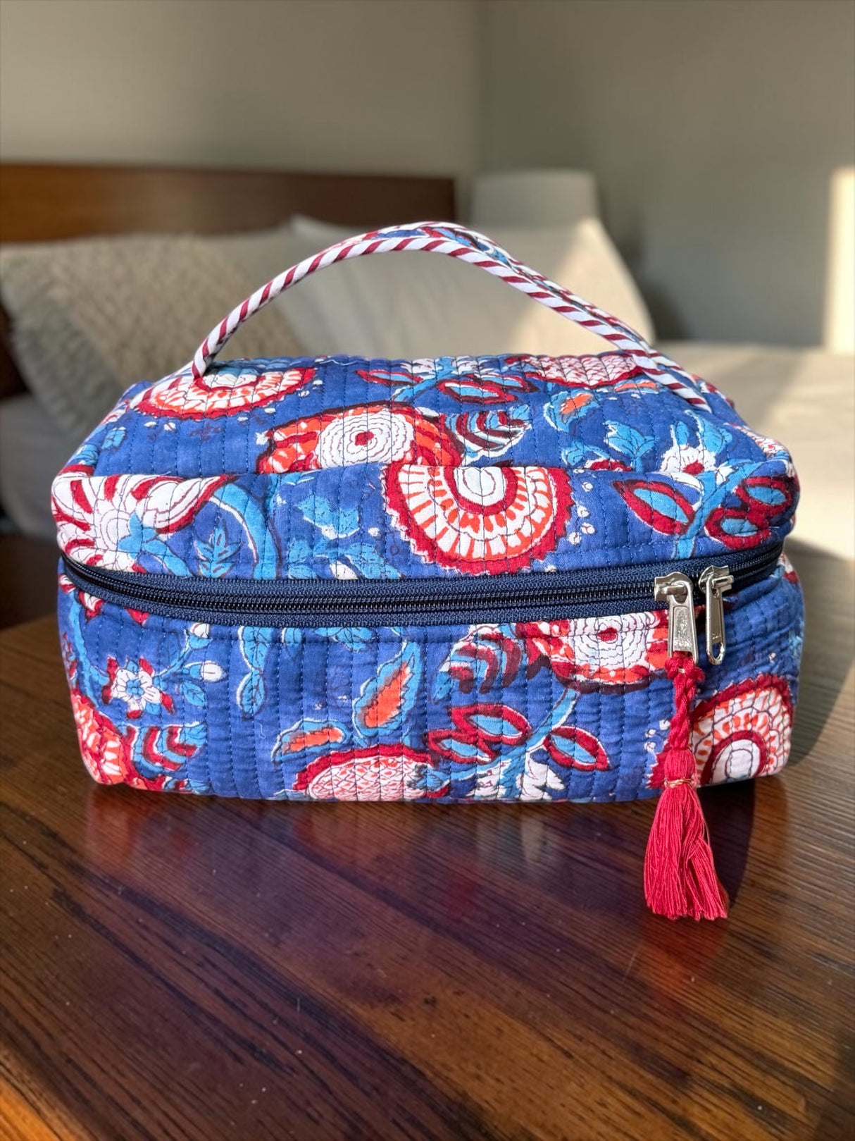Vibrant Lightweight Floral Block Print Handcrafted Organizer Vanity Bag (with Zip Closure)