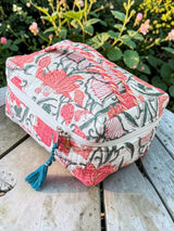 Evergreen Floral Block Print Jaipur Handmade Vanity Bag (with Zip Closure)