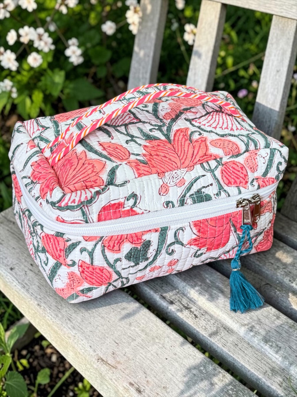 Evergreen Floral Block Print Jaipur Handmade Vanity Bag (with Zip Closure)