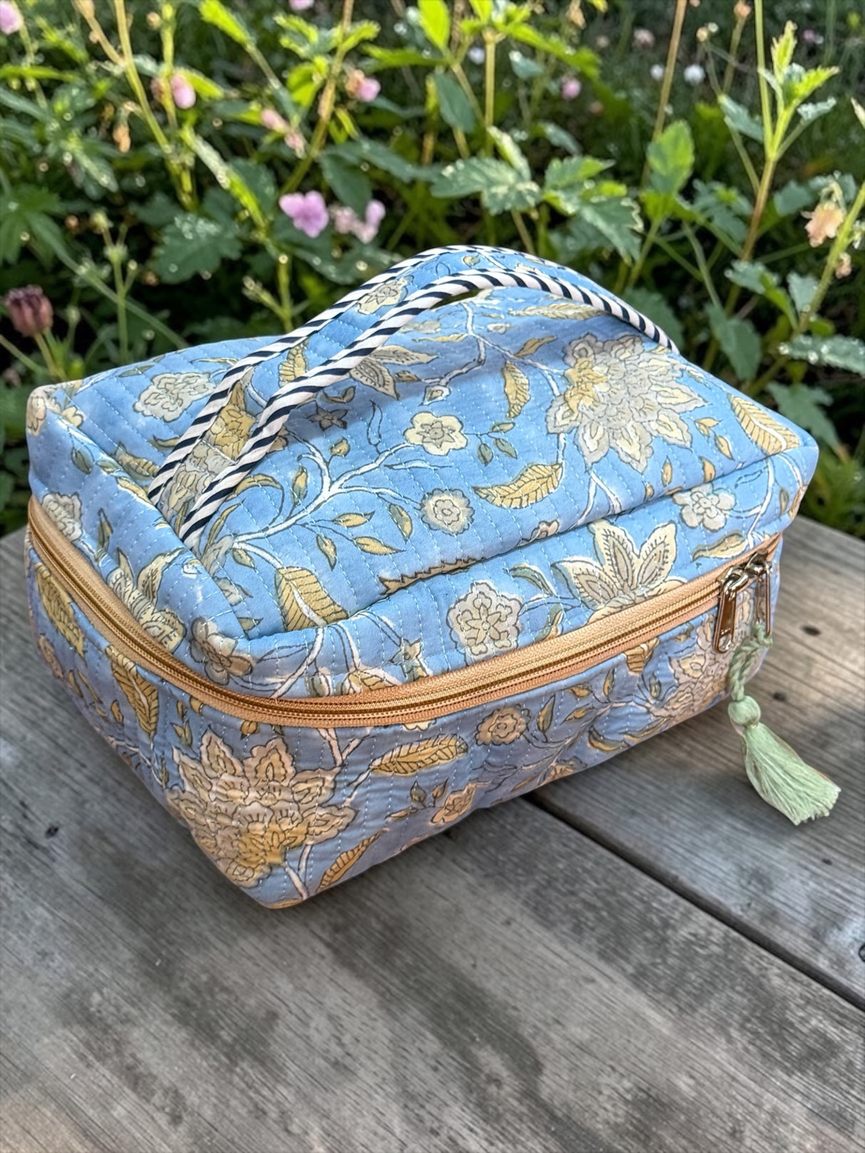 Elegant Spacious Floral Block Print Handcrafted  Vanity Bag (with Zip Closure)