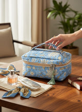 Elegant Spacious Floral Block Print Handcrafted  Vanity Bag (with Zip Closure)