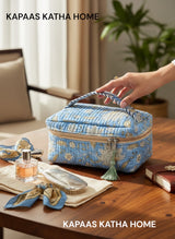 Elegant Spacious Floral Block Print Handcrafted  Vanity Bag (with Zip Closure)