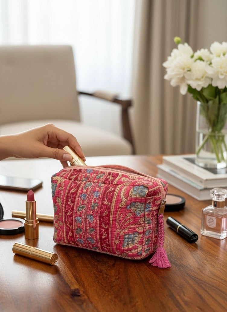 Modern Ethnic Handcrafted Quilted Utility Pouch (with Zip Closure)