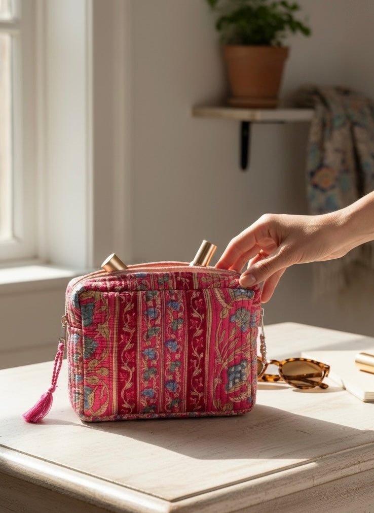 Modern Ethnic Handcrafted Quilted Utility Pouch (with Zip Closure)