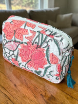 Evergreen Floral Block Print Handcrafted Multipurpose Travel Pouch (with Zip Closure)