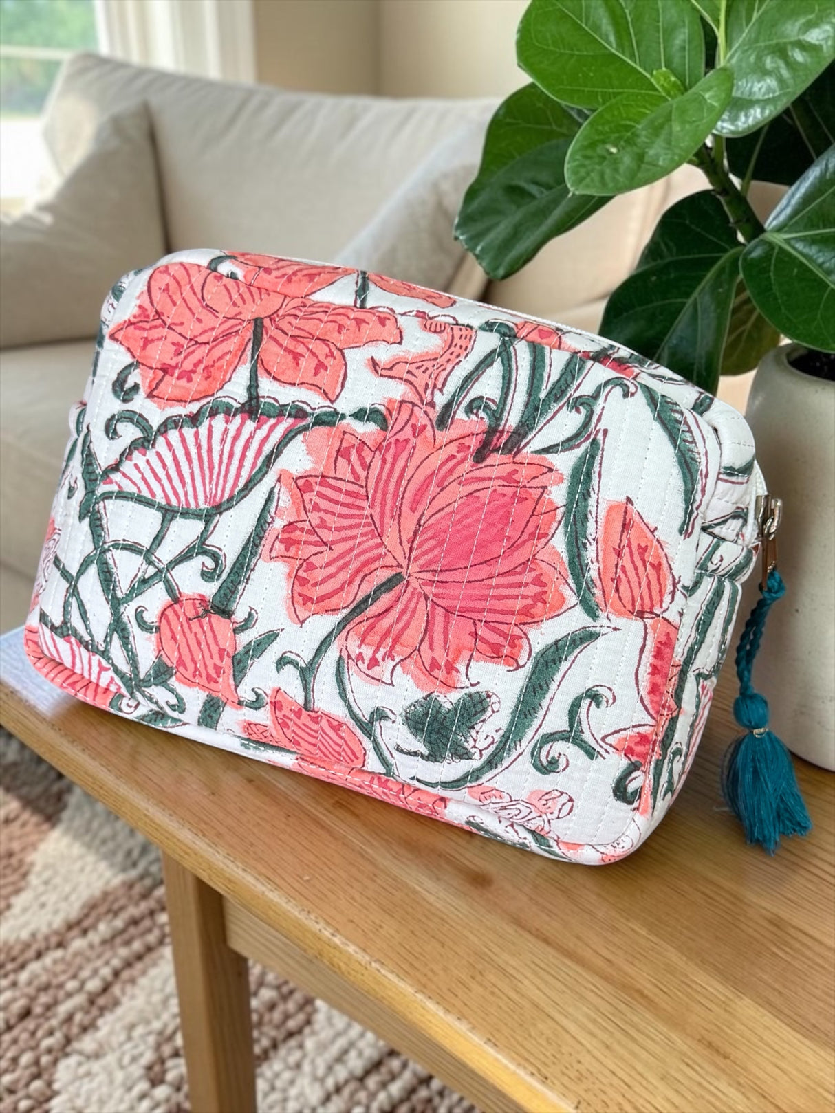 Evergreen Floral Block Print Handcrafted Multipurpose Travel Pouch (with Zip Closure)