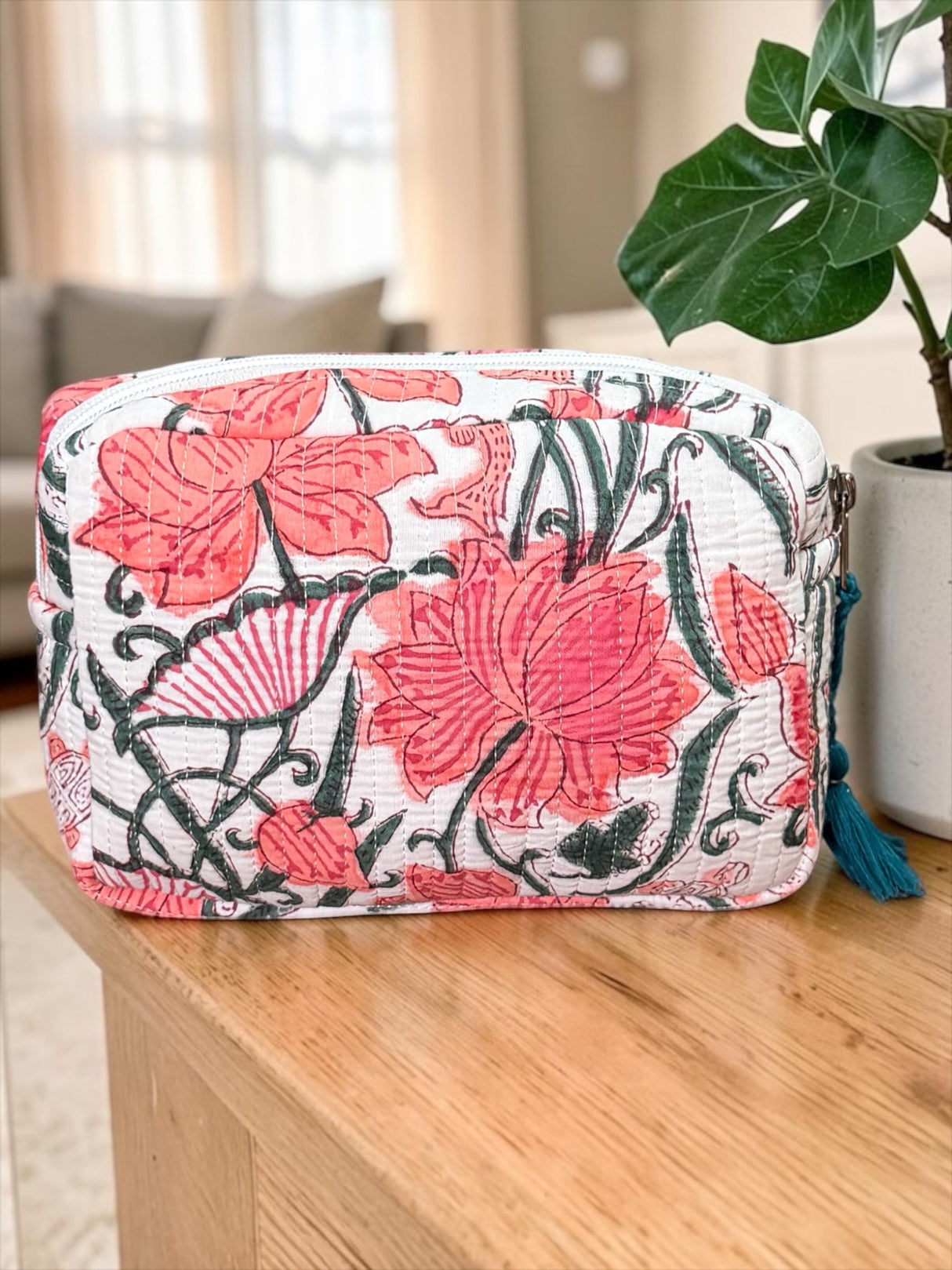 Evergreen Floral Block Print Handcrafted Multipurpose Travel Pouch (with Zip Closure)