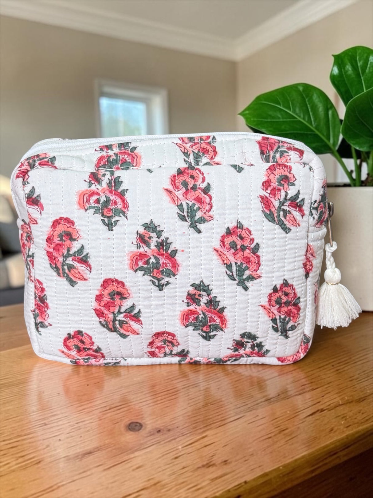 Minimal Red Floral Cotton Quilted Utility Pouch