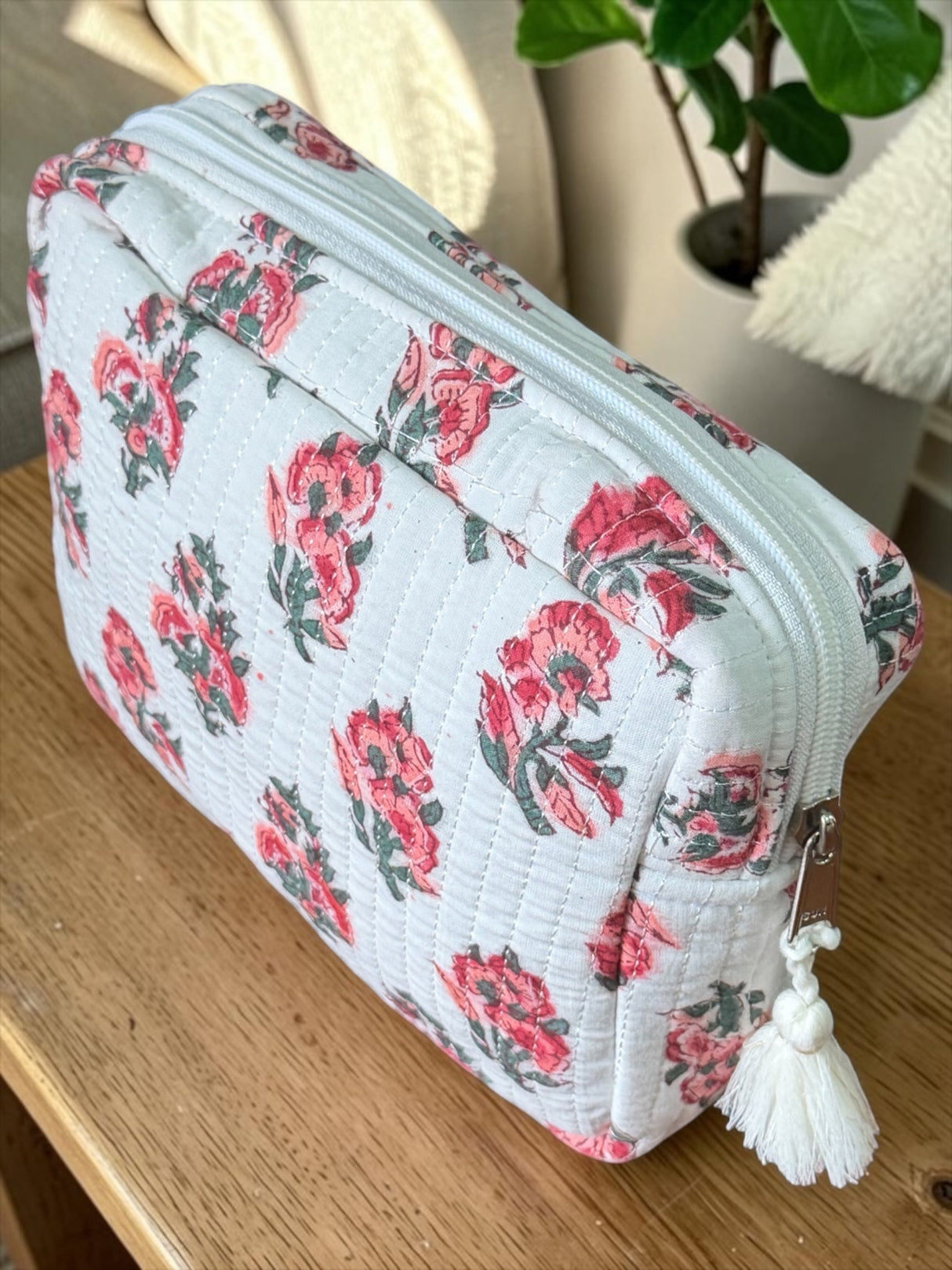 Minimal Red Floral Cotton Quilted Utility Pouch
