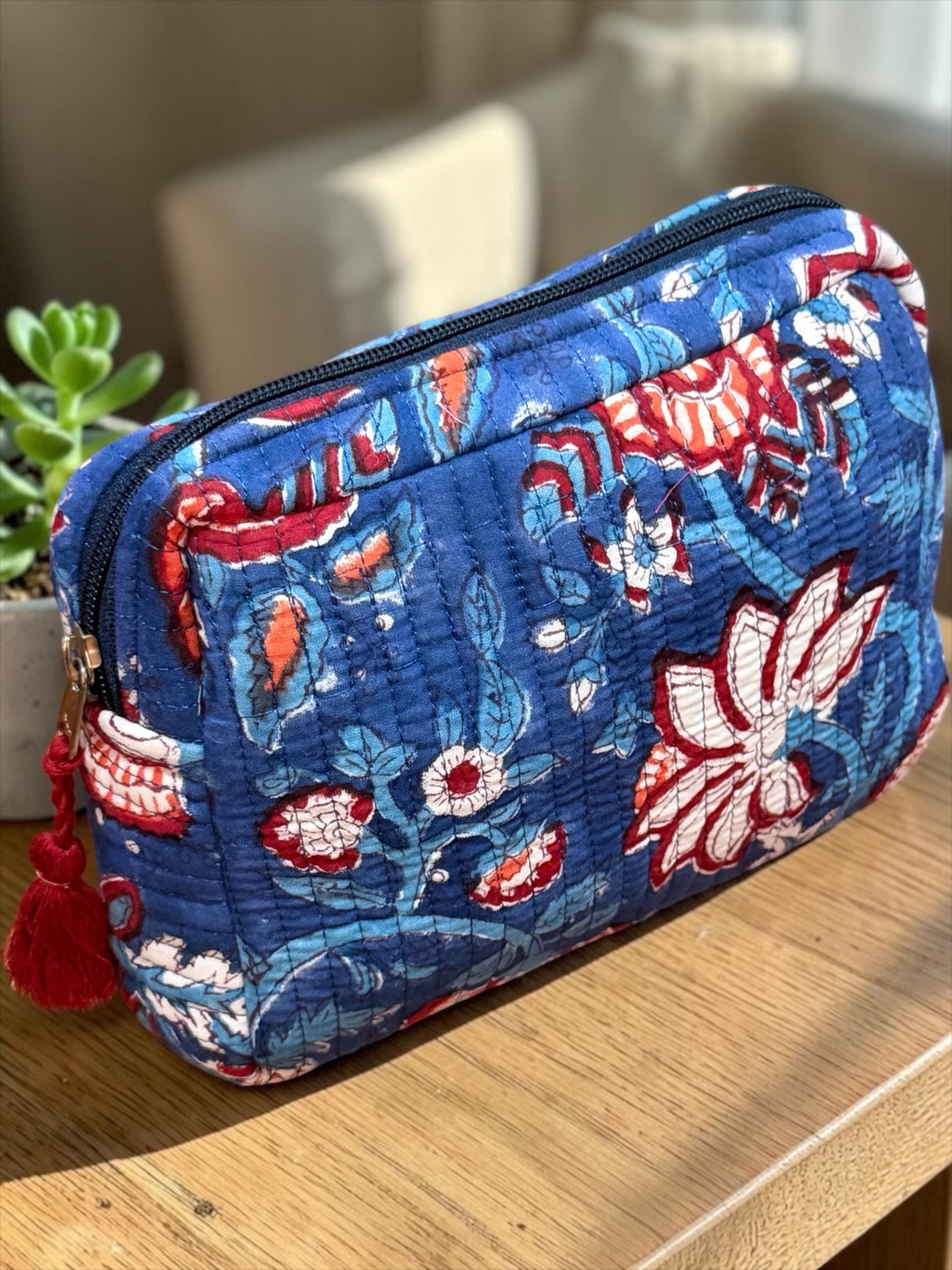 Vibrant Lightweight Floral Block Print Handcrafted Quilted Pouch (with Zip Closure)